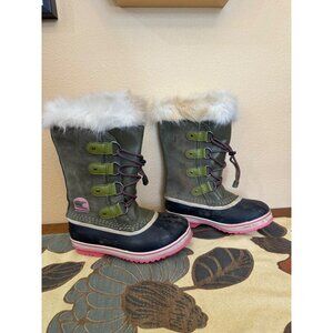 Sorel Girls' Winter Boots Olive Green Pink Faux Fur Lined Waterproof Size 2